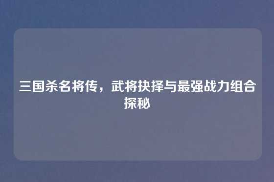 三国杀名将传，武将抉择与最强战力组合探秘